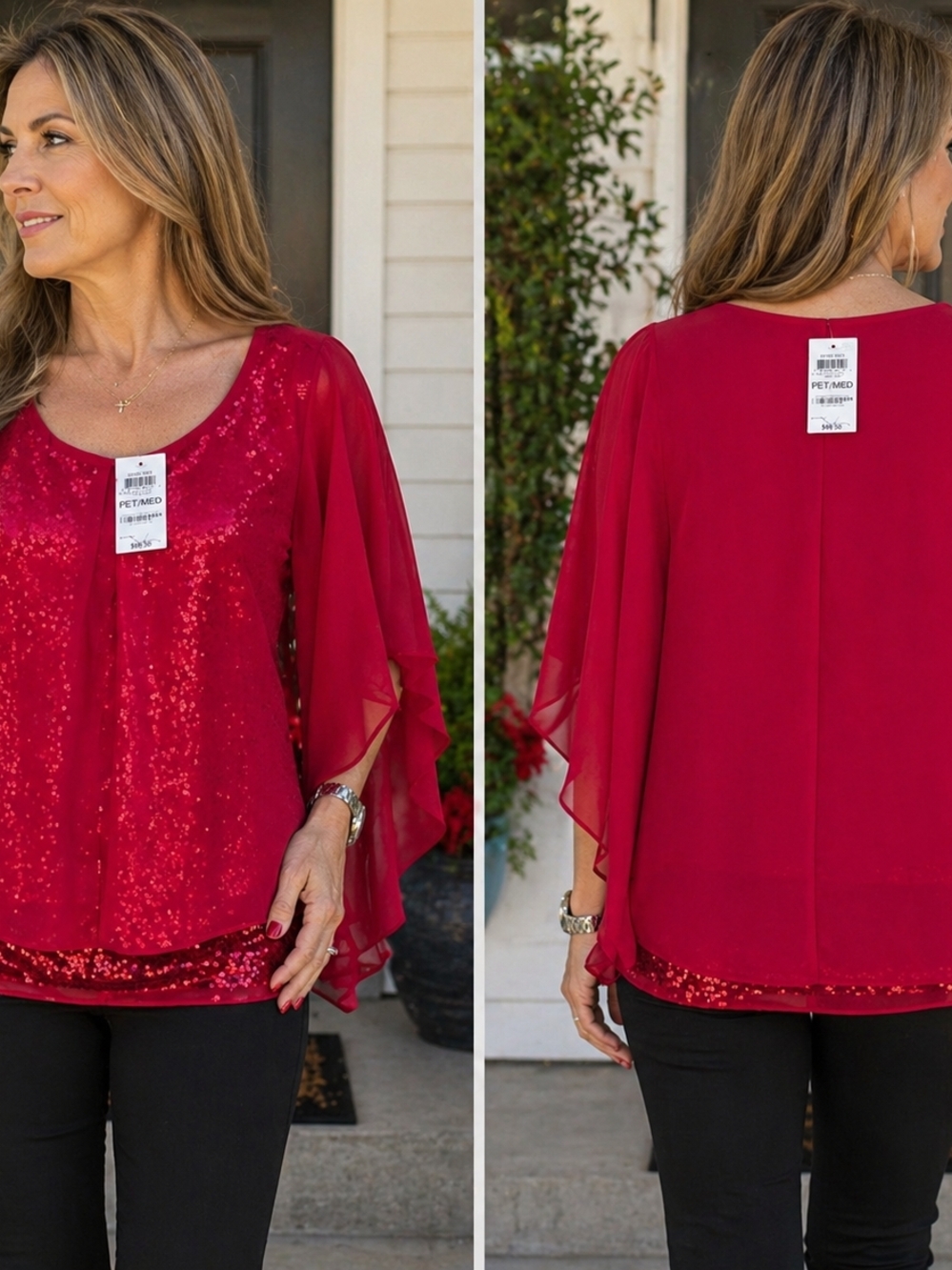 NWT JM Collection Red Sequined Chiffon Cape-Sleeve Blouse